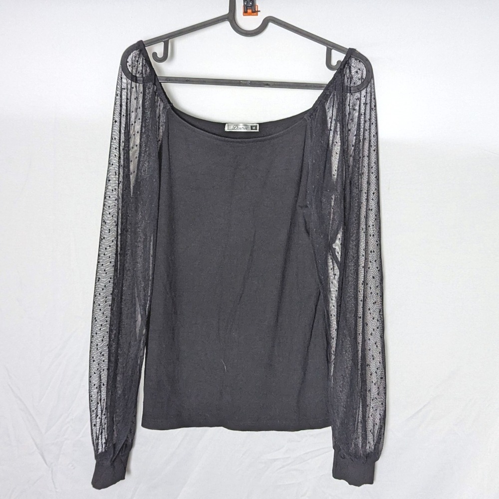 Black Ribbed Top Sheer Polka Dot‎ Mesh Sleeves whimsigoth fairygrunge Size M